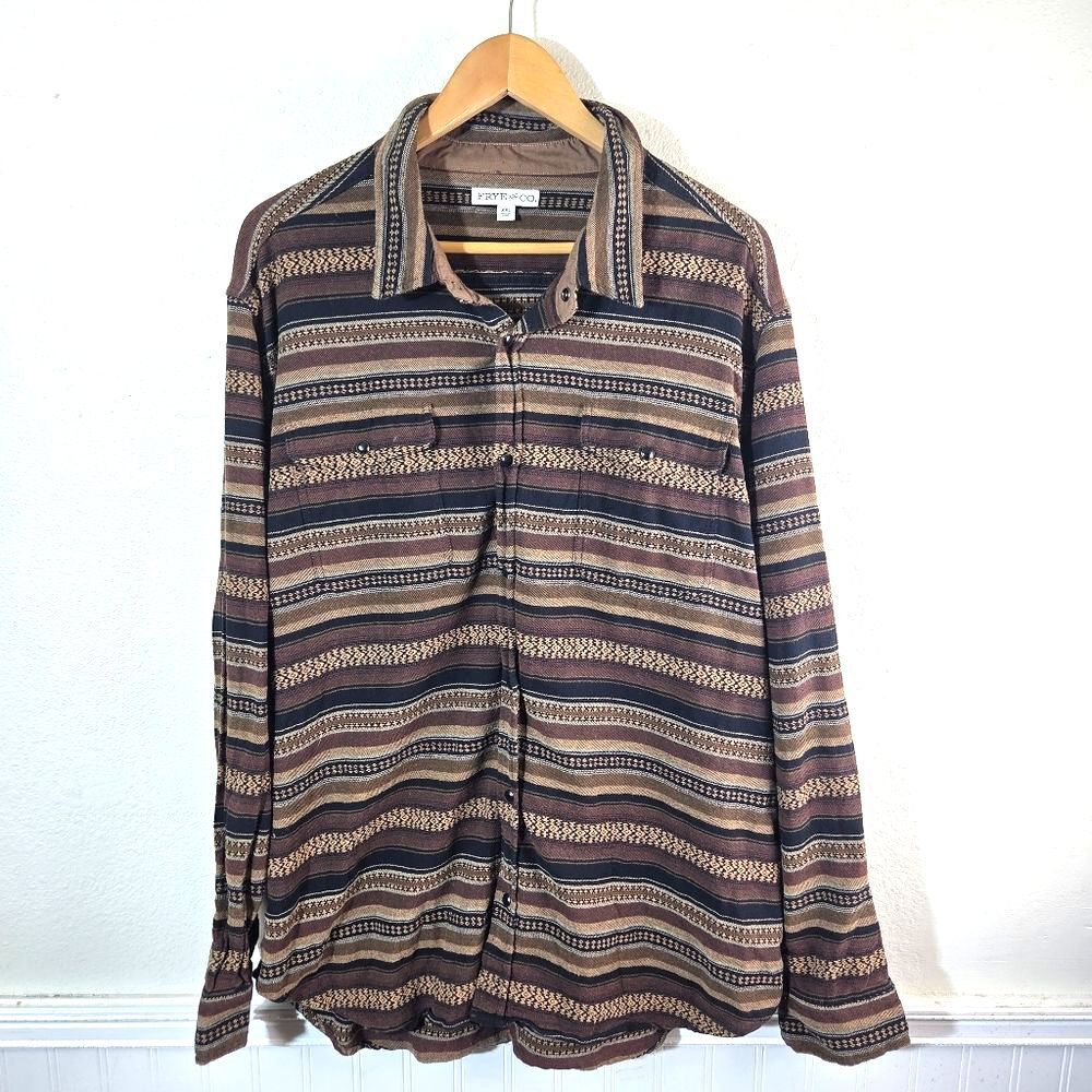 Frye & Co Men’s XXL Cotton Button Down Shirt Brown Striped Western Workwear